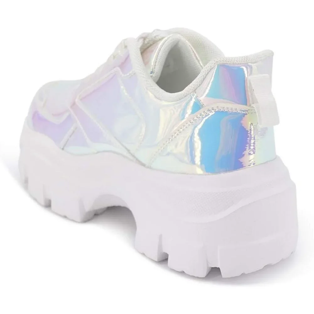 Women White Hologram Platform Fuchsia Hologram Casual Lace-Up Sneakers